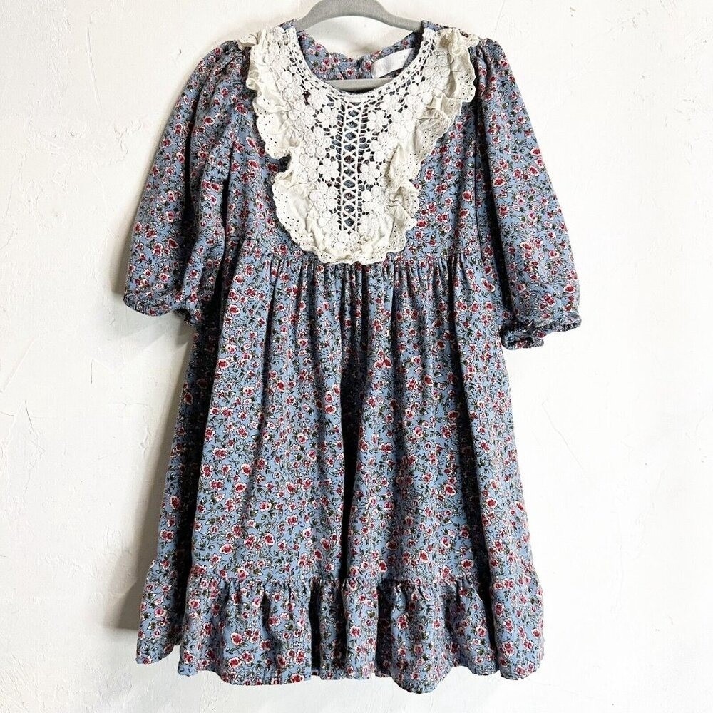 Zara Dress Girls 6 Edwardian Victorian Peasant Cottagecore Blue Floral Midi